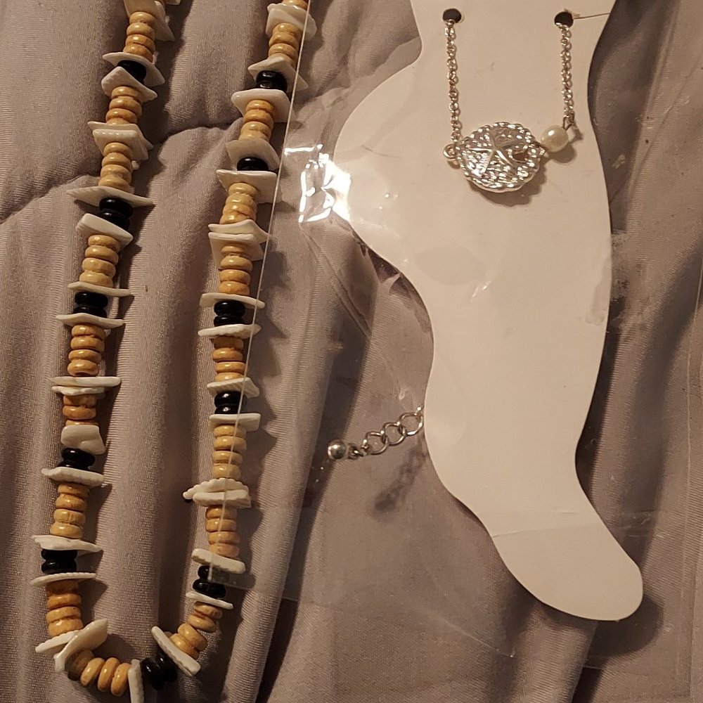 Silver Dollar with Pearl Anklet and Shell and Bead Necklace